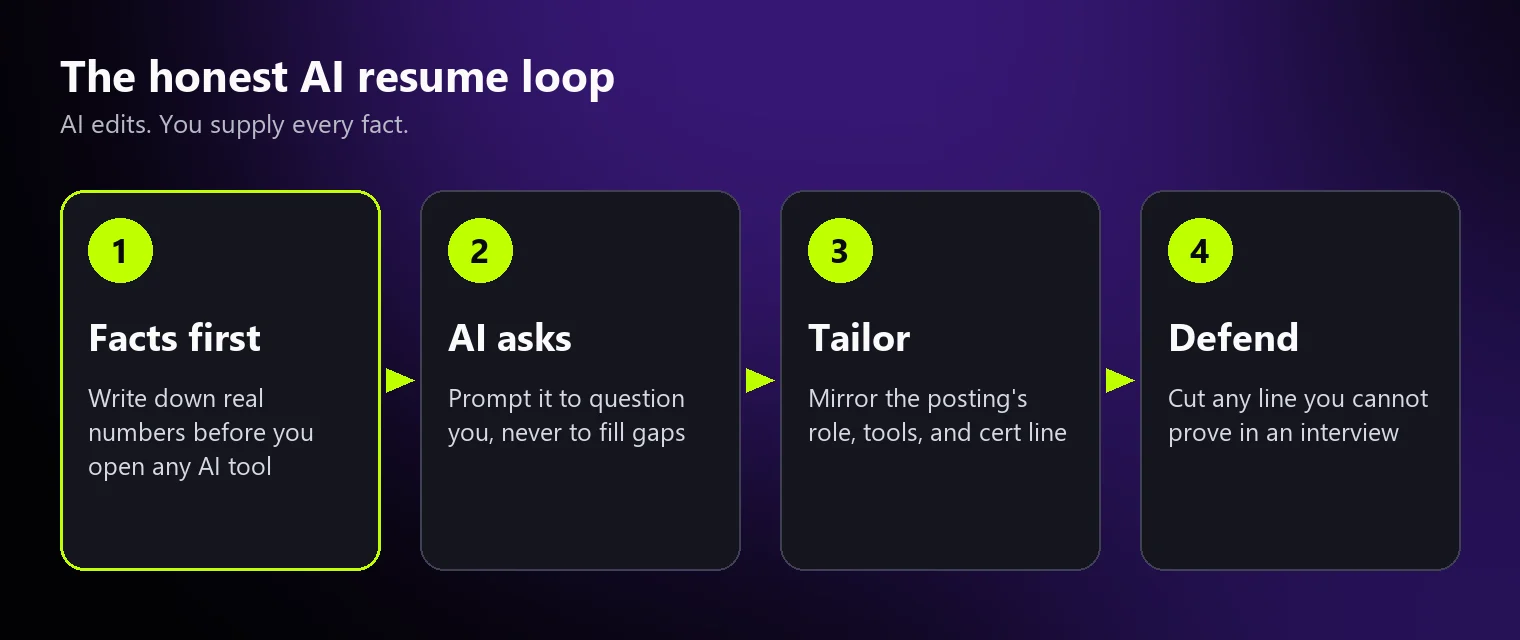 Four-step loop for improving a resume with AI: facts first, AI asks questions, tailor to the posting, defend every line in an interview